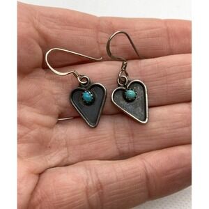 Vintage SW Style Turquoise Heart Dangle Drop Earrings Sterling 925 Silver 2g